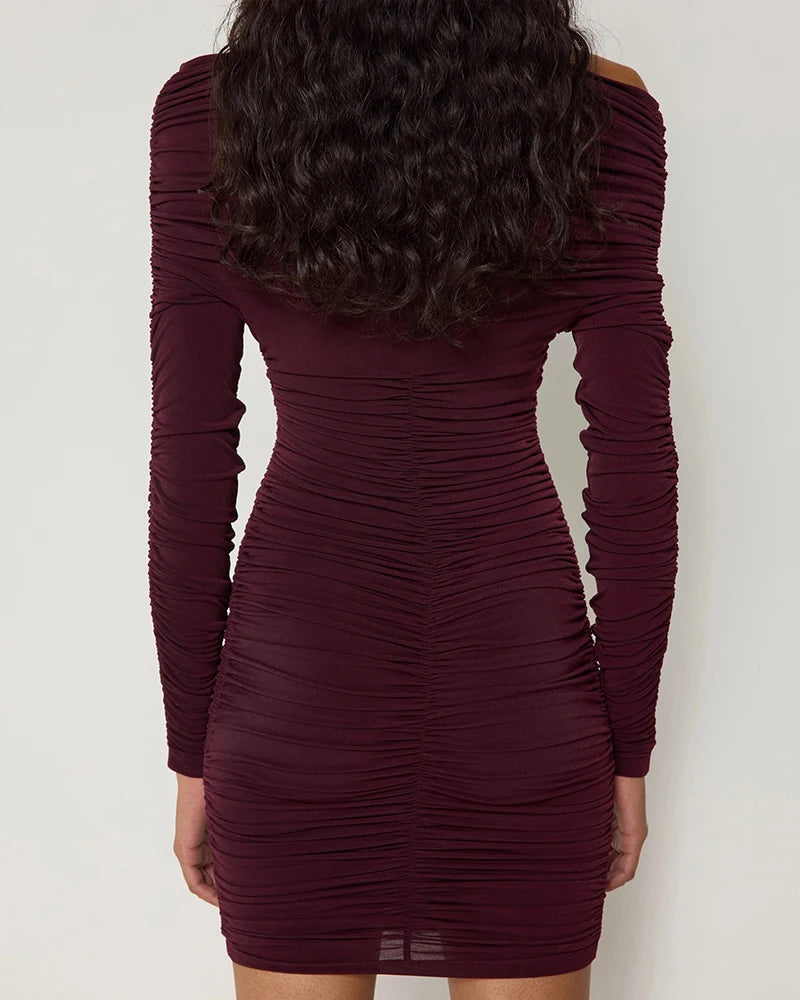 Inclined Shoulder Long Sleeve Sexy Mini Dress For Women Autumn New Fashion Backless Ruched Bodycon Party Sexy Dress