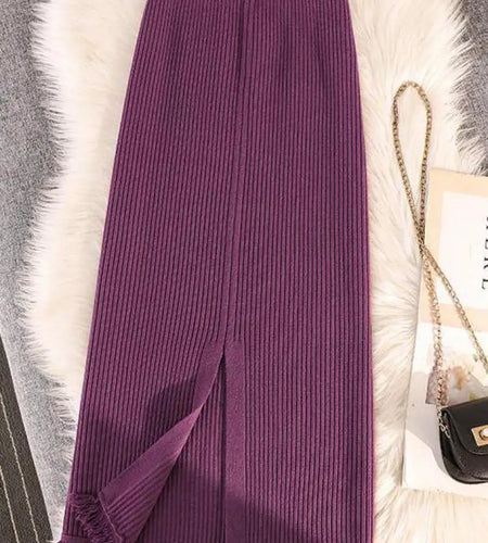 Solid Tassel Split Long Skirts Women Warm Cozy Elegant Casual All-match Korean Elastic Waist A-line Knitted Wrap Hip Skirt Trend