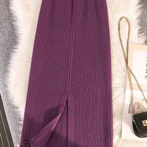 Load image into Gallery viewer, Solid Tassel Split Long Skirts Women Warm Cozy Elegant Casual All-match Korean Elastic Waist A-line Knitted Wrap Hip Skirt Trend
