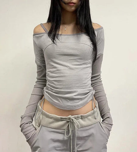 Streetwear Skinny Drawstring Autumn T-shirts Female Casual Patchwork Off Shoulder Top Long Sleeve Retro Tee Pullover