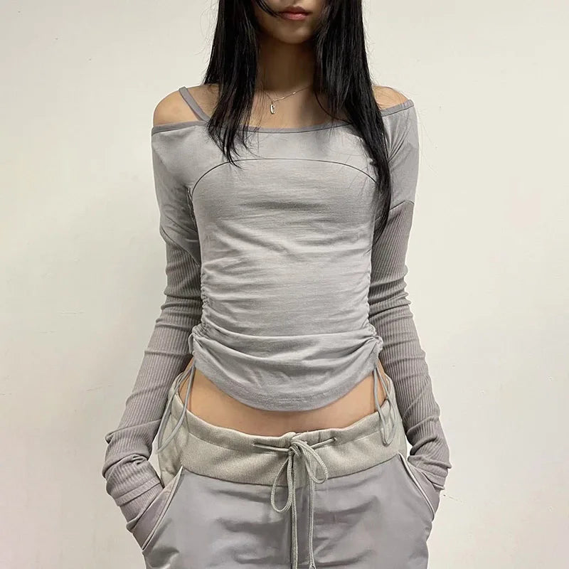 Streetwear Skinny Drawstring Autumn T-shirts Female Casual Patchwork Off Shoulder Top Long Sleeve Retro Tee Pullover