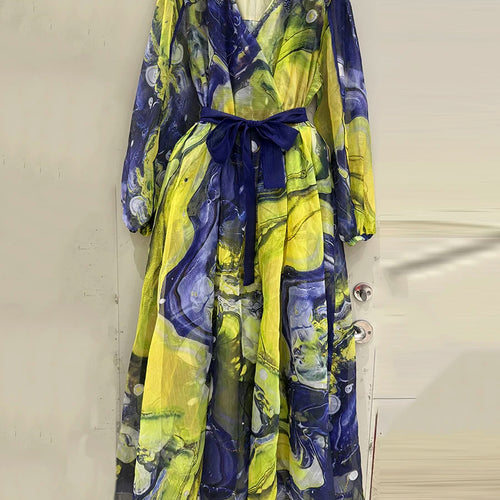 Load image into Gallery viewer, Printing Spliced Appliques Fashion Dresses for Women V Neck Long Sleeves Patchwork Folds Dress Female Clothing New
