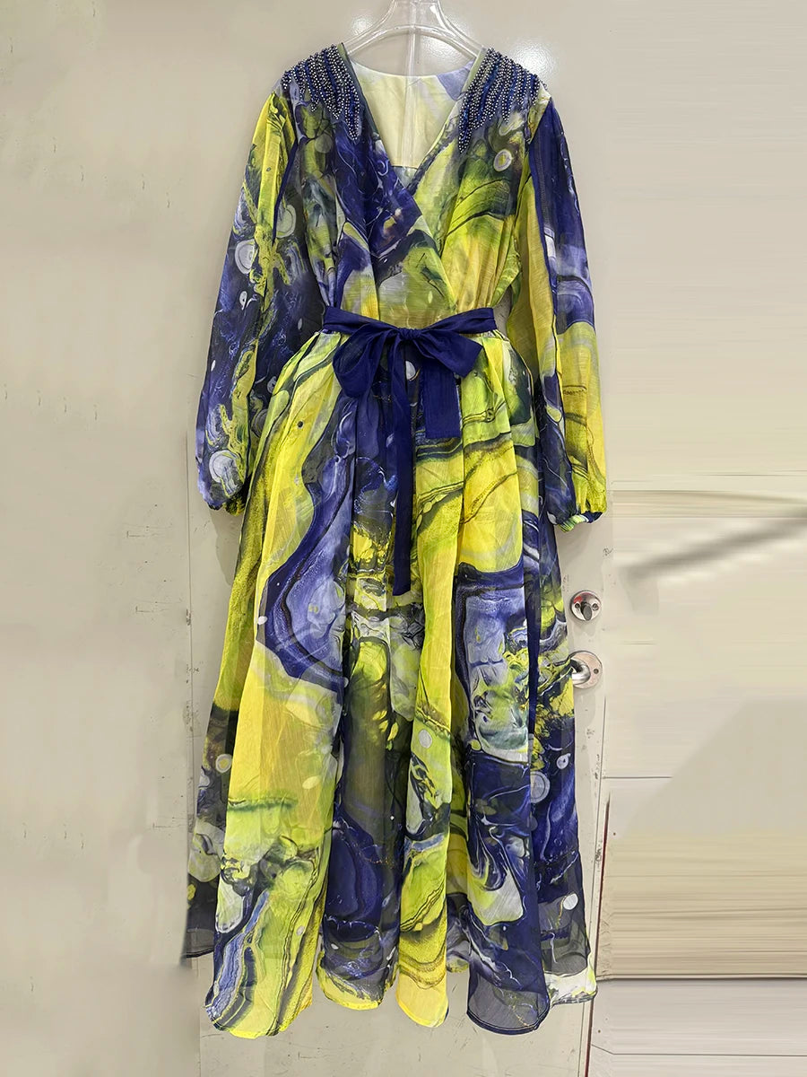 Printing Spliced Appliques Fashion Dresses for Women V Neck Long Sleeves Patchwork Folds Dress Female Clothing New