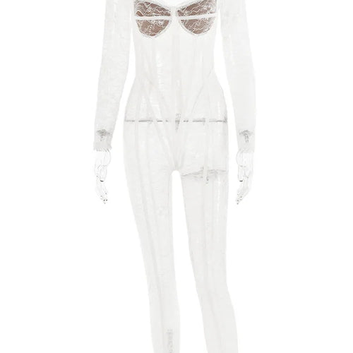 Load image into Gallery viewer, Women's Lace Long Sleeve Fishbone Jumpsuit, Square Neck Print, Perspective Corset, Tight Jumpsuit, Female Nightclub Part

