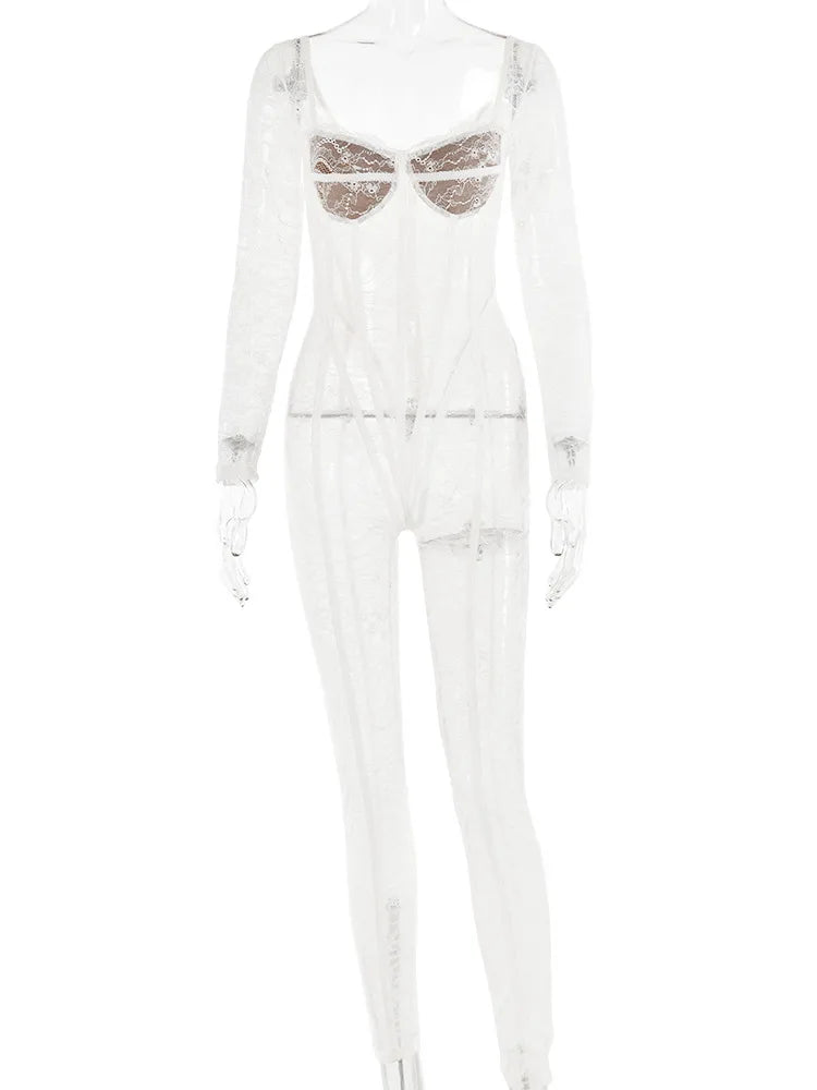 Women's Lace Long Sleeve Fishbone Jumpsuit, Square Neck Print, Perspective Corset, Tight Jumpsuit, Female Nightclub Part