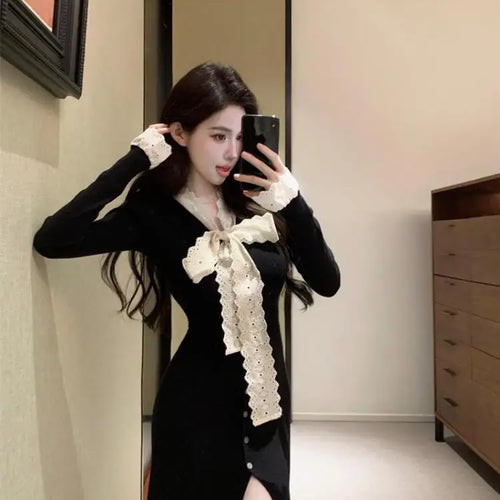Load image into Gallery viewer, Korean 2024 New Women's Patchwork Lace Bow Bandage Dress Autumn Winter Single Breasted Office Lady Slim Split Knitted Dress Chic
