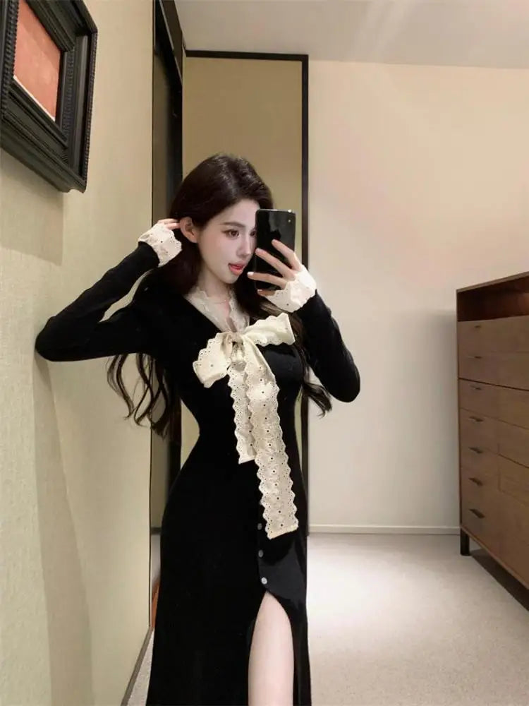 Korean 2024 New Women's Patchwork Lace Bow Bandage Dress Autumn Winter Single Breasted Office Lady Slim Split Knitted Dress Chic