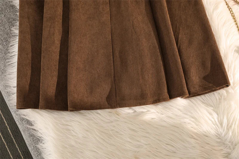 Retro Corduroy Black Pleated Umbrella Skirts For Women Autumn Winter Fashion Korean Streetwear Harajuku Brown Long Skirt Elegan