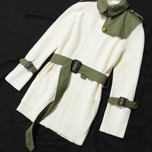 Load image into Gallery viewer, Beige Spliced Belted Knitting Cardigan Sweater Stand Collar Long Sleeve Women New Fashion Tide Spring Autumn 2025 1DH5643
