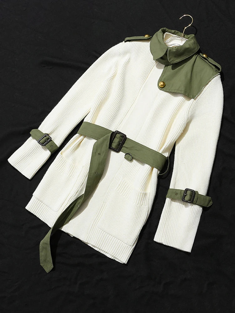 Beige Spliced Belted Knitting Cardigan Sweater Stand Collar Long Sleeve Women New Fashion Tide Spring Autumn 2025 1DH5643