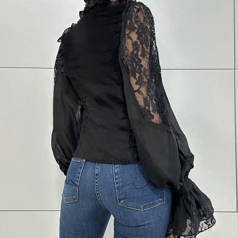 Chic French Lace Hook Flower Hollow Shirts Women Elegant Turtleneck Ruffles Trim Blouse Flared Sleeve Vintage Ruched