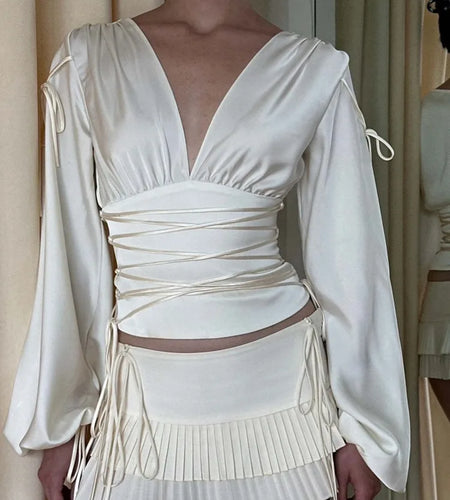 Fashion Satin Long Sleeve Slim Fit Women's Top T-shirt Sexy Deep V Waist Female Top Autumn/Winter 2025 Street Clothing