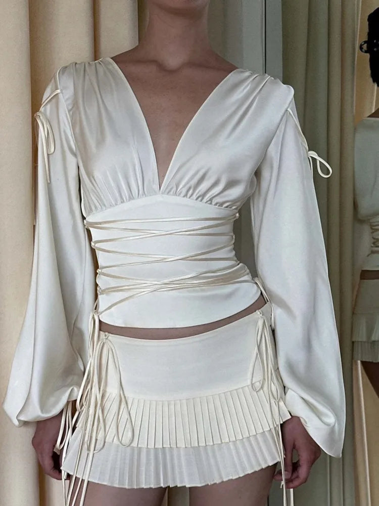 Fashion Satin Long Sleeve Slim Fit Women's Top T-shirt Sexy Deep V Waist Female Top Autumn/Winter 2025 Street Clothing