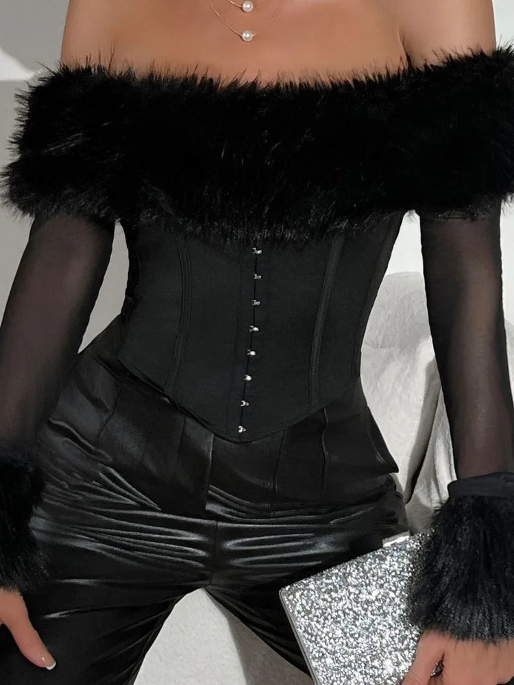 Autumn Sexy Tunic Waist Fish Bone One Line Neck Long Sleeved Top Tank Velvet Spicy Girl Tight Women Long Sleeved Top