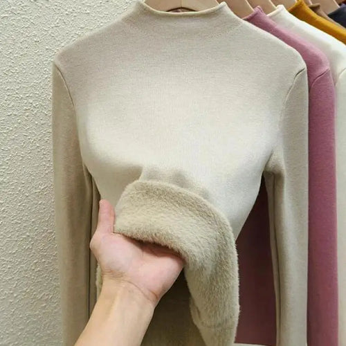 Load image into Gallery viewer, Autumn Winter Women Solid Half High Neck Velvet Sweater Korean Fashion Warm Knitwear Long Sleeve Pullovers Tops Thick Simplicity
