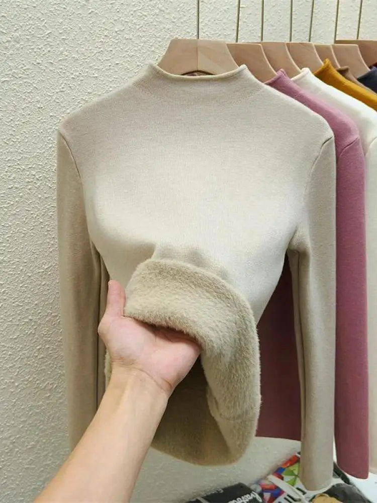 Autumn Winter Women Solid Half High Neck Velvet Sweater Korean Fashion Warm Knitwear Long Sleeve Pullovers Tops Thick Simplicity