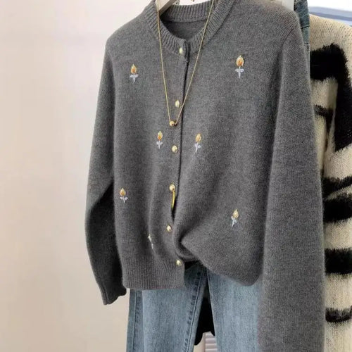 Load image into Gallery viewer, Vintage 2024 New Beige Flower Embroidery Elegant Versatile Knitted Sweater Women Autumn Winter Grey Long Sleeve Cardigan Tops
