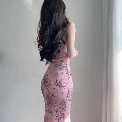 Load image into Gallery viewer, French Women Summer Pink Floral Backless Sleeveless Wrapped Hip Long Dress V Neck Ruffle Print Slim Vacation Slip Dress Bohemian
