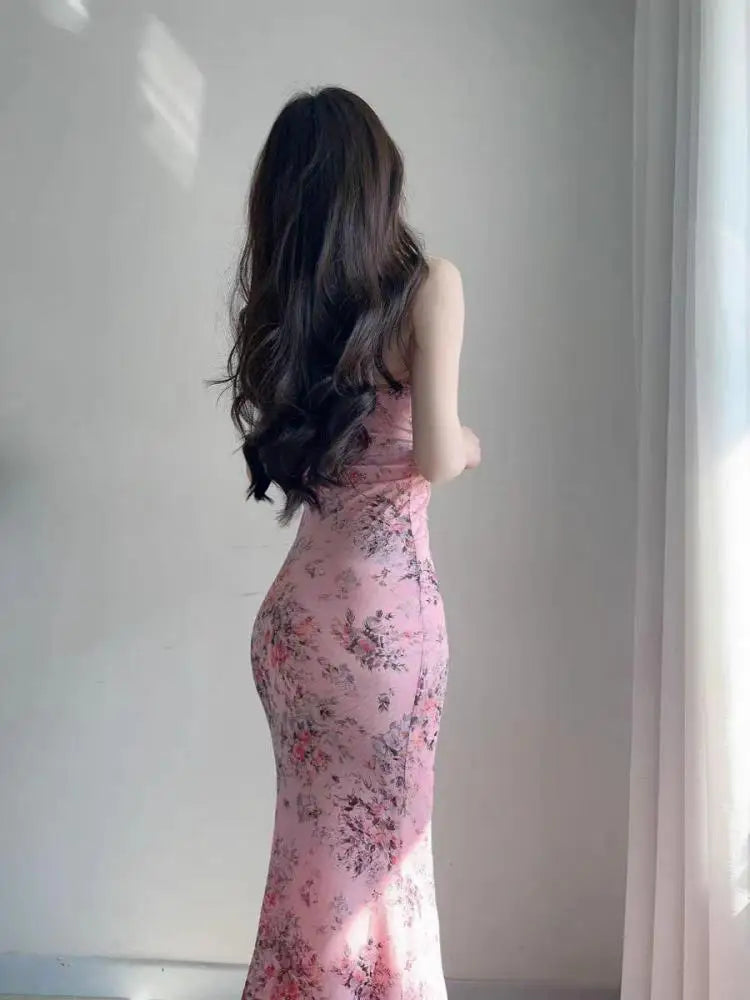 French Women Summer Pink Floral Backless Sleeveless Wrapped Hip Long Dress V Neck Ruffle Print Slim Vacation Slip Dress Bohemian