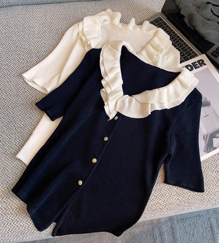 Ruffles Slim Cardigans Women Contrast Color Patchwork Vintage Spring Summer Sweaters Elegant Korean Chaquetas B-060