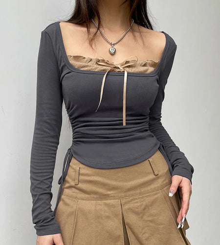 Y2K Vintage Bow Chic Autumn Tee Shirts Slim Drawstring Square Neck Patched Sweet Aesthetic Female T shirt Top Korean