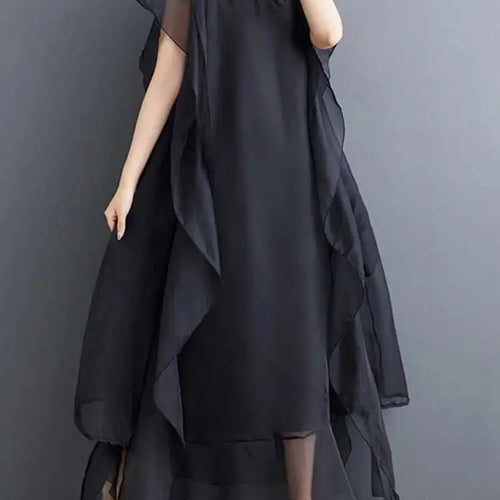 Load image into Gallery viewer, Women Black Ruffles Spliced Big Size Long Dress New Round Neck Short Sleeve Fashion Tide Spring Summer 2025 1DJ0327

