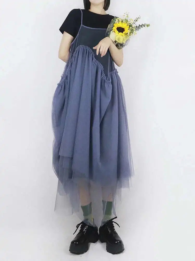 Women Green Mesh Layers Elegant Spaghetti Strap Dress New Square Collar Sleeveless Fashion Tide Spring Autumn 2025 1DJ0363