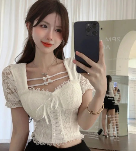 Vintage Lace Jacquard Sweet Bandage Bow Women Blouse Y2k Aesthetic Ruffled Crop Shirts Square Collar Sexy Harajuku Grunge Blusas