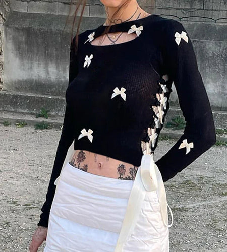 Sweet Korean Bow Cute Female T-shirts Skinny Lace Up Autumn Tee Shirts Coquette Clothes Cut Out Long Sleeve Top Basic