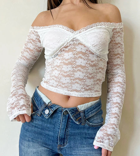 Fashion White Sexy Lace T-shirt Female Off Shoulder Crop Top Elegant Transparent Clubwear Party Shirt Chic Clothing