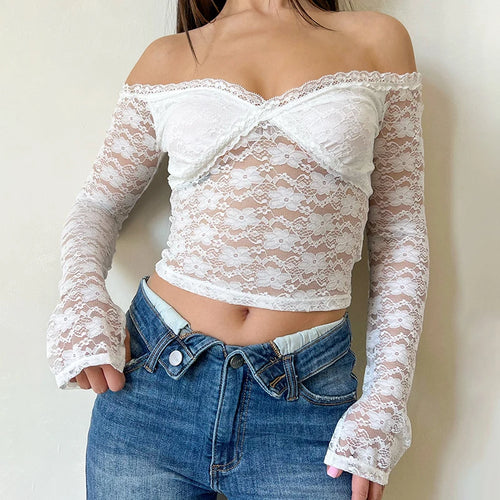 Load image into Gallery viewer, Fashion White Sexy Lace T-shirt Female Off Shoulder Crop Top Elegant Transparent Clubwear Party Shirt Chic Clothing
