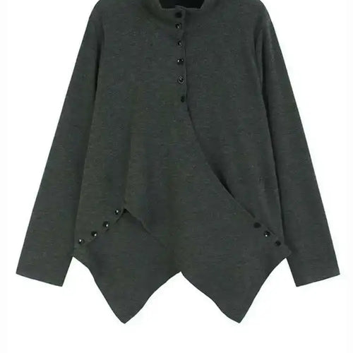 Load image into Gallery viewer, Women Gray Irregular Hem Button Big Size Casual T-shirt New Turtleneck Long Sleeve Fashion Tide Spring Autumn 2025 1DH9329
