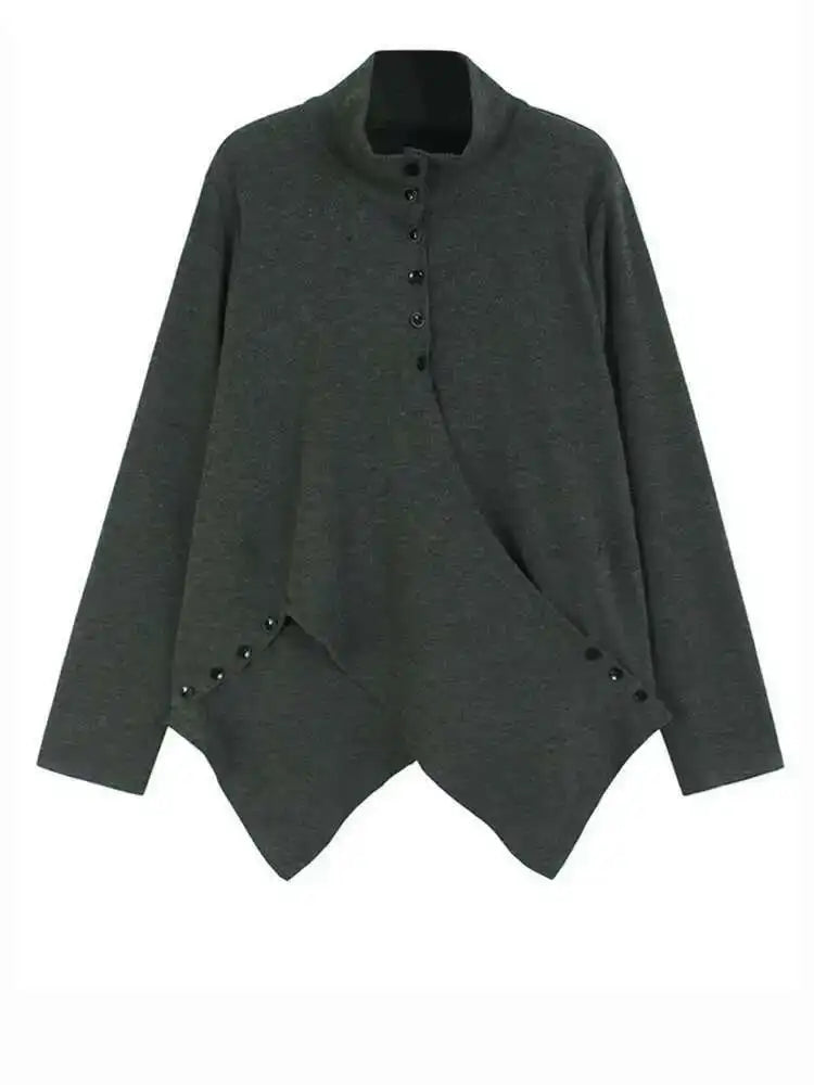 Women Gray Irregular Hem Button Big Size Casual T-shirt New Turtleneck Long Sleeve Fashion Tide Spring Autumn 2025 1DH9329