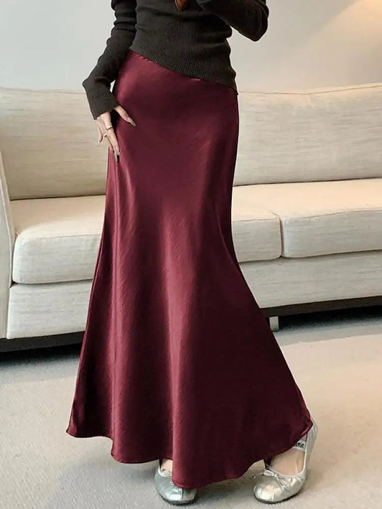 Korean Fashion Solid Elegant High Waist Wrap Hip Long Skirt 2025 Spring Summer Women Slim Vacation Pleated A-line Fishtail Skirt