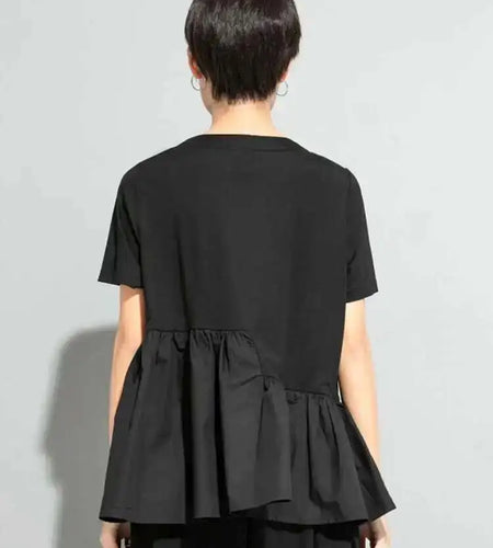 Women Black Hem Ruffles Big Size Casual T-shirt New Round Neck Short Sleeve Fashion Tide Spring Summer 2025 1DE9329