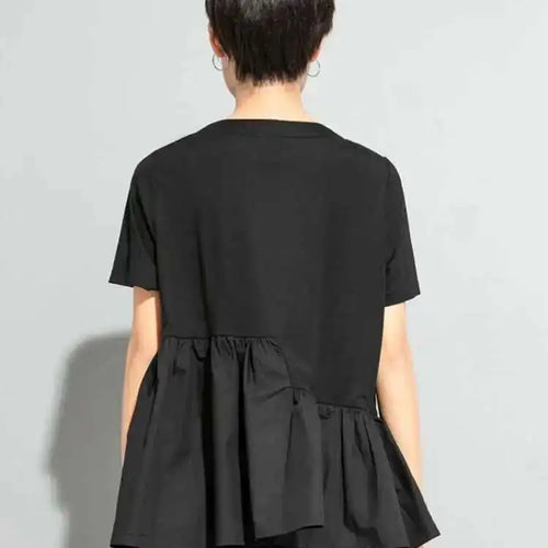 Load image into Gallery viewer, Women Black Hem Ruffles Big Size Casual T-shirt New Round Neck Short Sleeve Fashion Tide Spring Summer 2025 1DE9329
