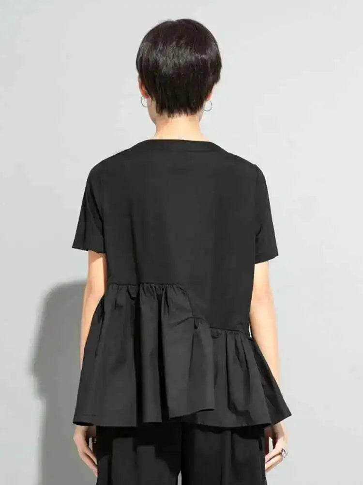 Women Black Hem Ruffles Big Size Casual T-shirt New Round Neck Short Sleeve Fashion Tide Spring Summer 2025 1DE9329