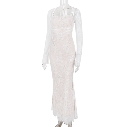 Load image into Gallery viewer, Elegant Lace Print Maxi Dress Set Women Fashion Spaghetti Strap Long Sleeve Bodycon Club Party Sexy Long Dress
