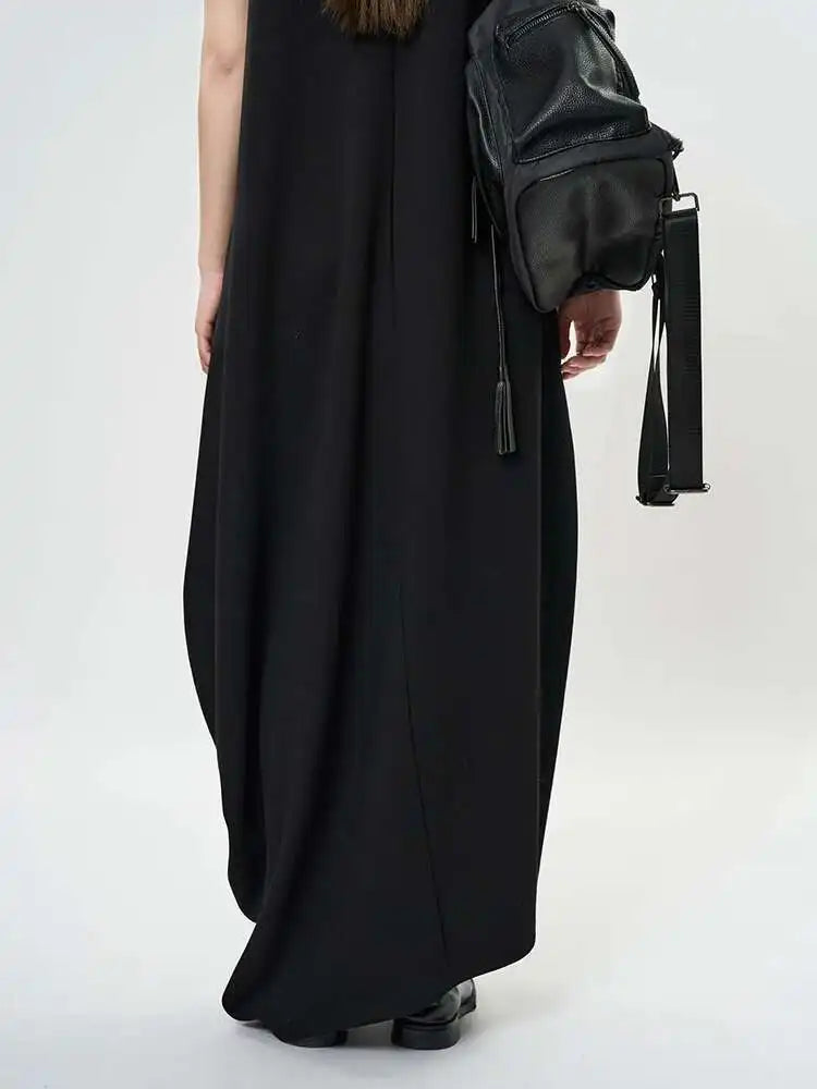 Women Black Brief Irregular Shaped Pocket Long Elegant Dress New V-Neck Sleeveless Fashion Tide Spring Autumn 2025 1DH9419