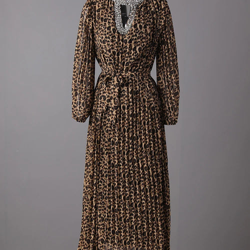 Load image into Gallery viewer, Women Brown Leopard Printed Rhinestones Long Dress New Round Neck Long Sleeve Fashion Tide Spring Autumn 2025 3WM2692
