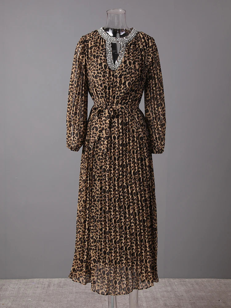 Women Brown Leopard Printed Rhinestones Long Dress New Round Neck Long Sleeve Fashion Tide Spring Autumn 2025 3WM2692