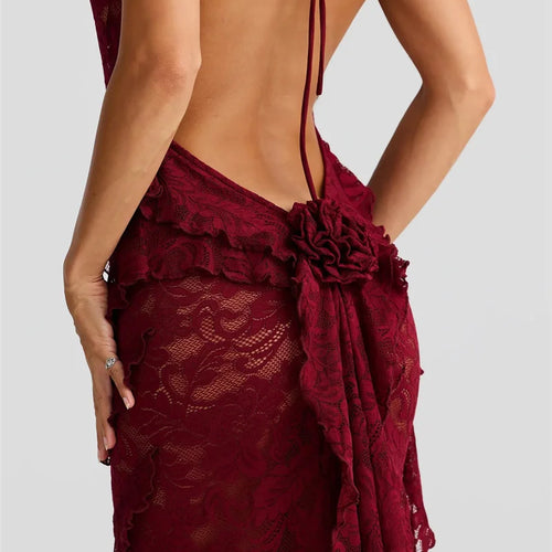 Load image into Gallery viewer, Lace Backless Sexy Maxi Dress Women Gown Halter Lace-up Sleeveless Bodycon Elegant Ruffle Beach Club Long Dress 2025
