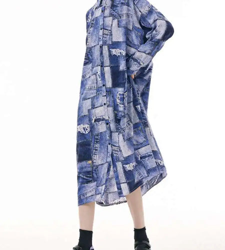 Women Blue Printed Big Size Midi Shirt Dress New Lapel Long Sleeve Loose Fit Fashion Tide Spring Autumn 2025 1DH0515
