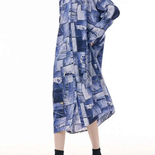 Load image into Gallery viewer, Women Blue Printed Big Size Midi Shirt Dress New Lapel Long Sleeve Loose Fit Fashion Tide Spring Autumn 2025 1DH0515
