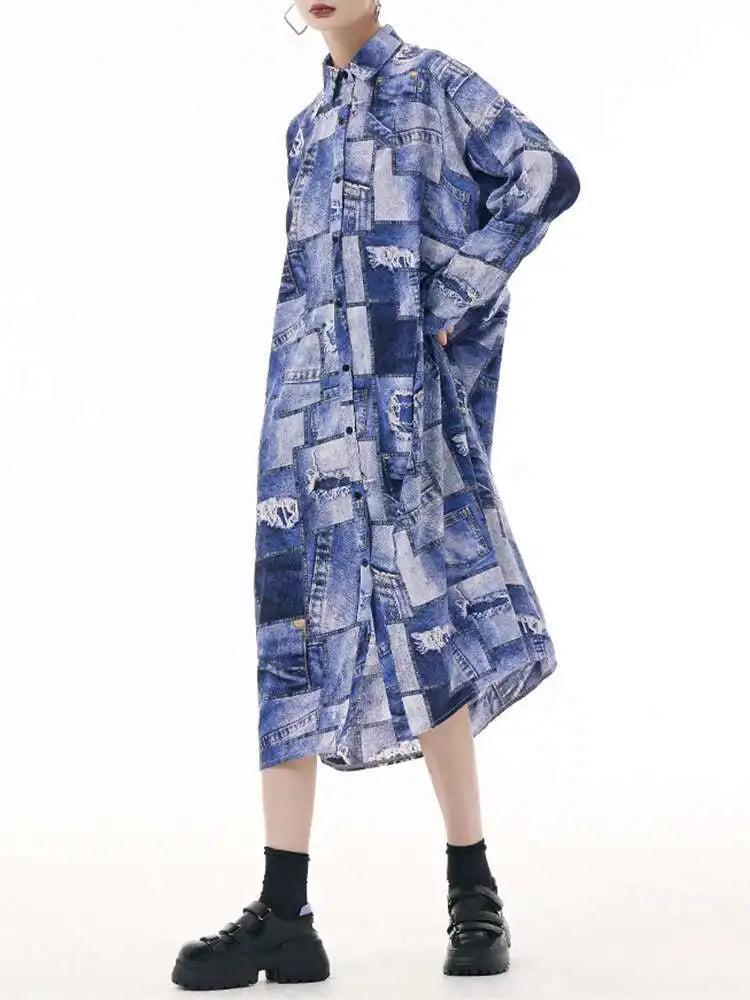 Women Blue Printed Big Size Midi Shirt Dress New Lapel Long Sleeve Loose Fit Fashion Tide Spring Autumn 2025 1DH0515