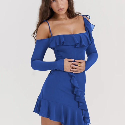 Load image into Gallery viewer, Sexy Strap One Line Neck Double Layer Long Sleeve Dress Women's Slim Fit Ruffles Irregular Mini Dress Sweet Party Club
