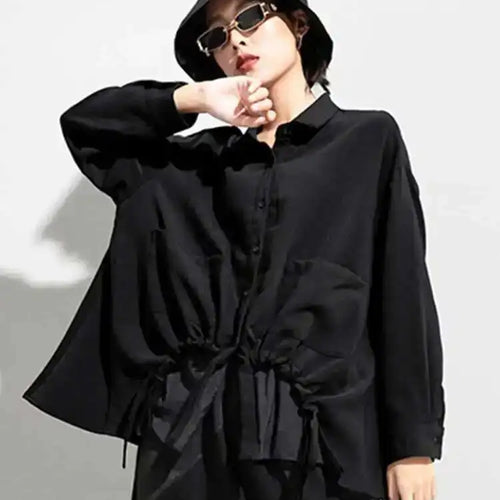 Load image into Gallery viewer, Women Drawstring Big Size Fake Two Blouse New Lapel Long Sleeve Loose Fit Shirt Fashion Tide Spring Autumn 2025 1DD0160
