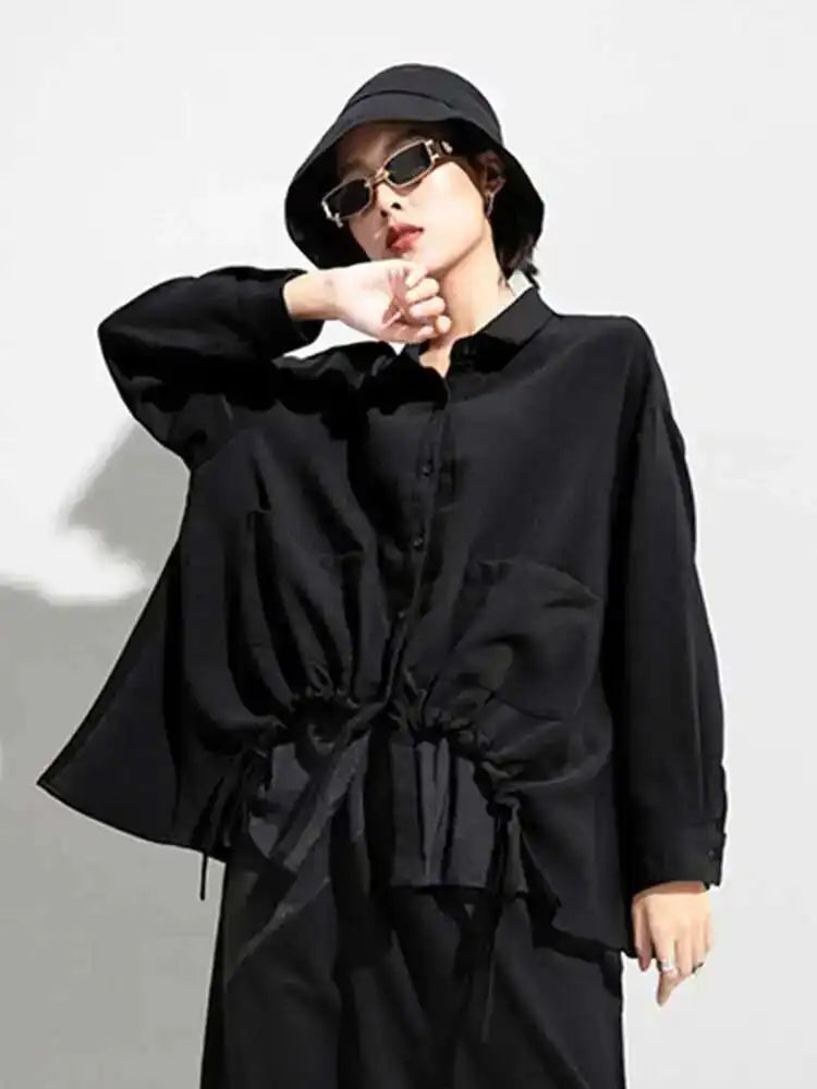 Women Drawstring Big Size Fake Two Blouse New Lapel Long Sleeve Loose Fit Shirt Fashion Tide Spring Autumn 2025 1DD0160