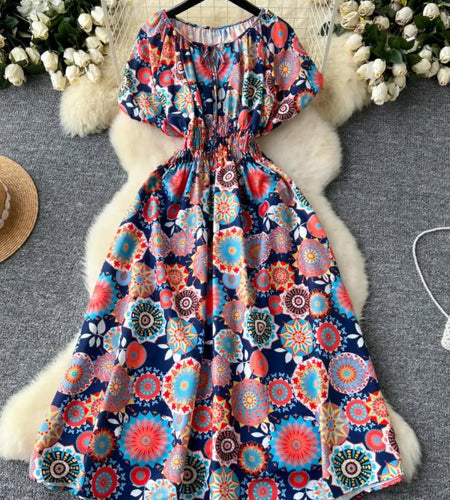 French Retro Women Print Vacation Long Dress 2024 Summer High Waist Round Neck Short Sleeved Lace-up Pleated Dress Bohemian Chic