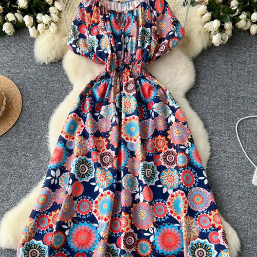 Load image into Gallery viewer, French Retro Women Print Vacation Long Dress 2024 Summer High Waist Round Neck Short Sleeved Lace-up Pleated Dress Bohemian Chic
